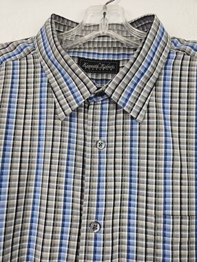 Kenneth Roberts Platinum Button Front Shirt Blue Check Spread Collar Sz XXL